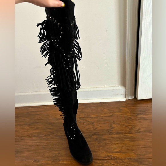 Over-the-Knee Black Leather/Suede Fringe Studded Cowboy Boots, Sz: 7 - Picture 4 of 10
